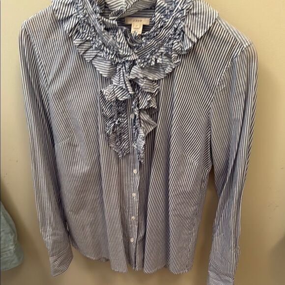 J. Crew Navy Striped Ruffle Top - Picture 1 of 3